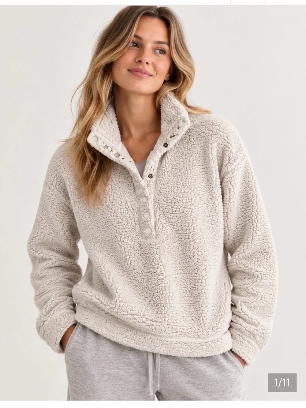 aerie Cream Sherpa Snap‑Placket Pullover